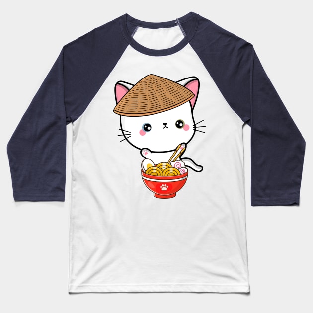 Funny Cat Eating Noodles Baseball T-Shirt by Pet Station